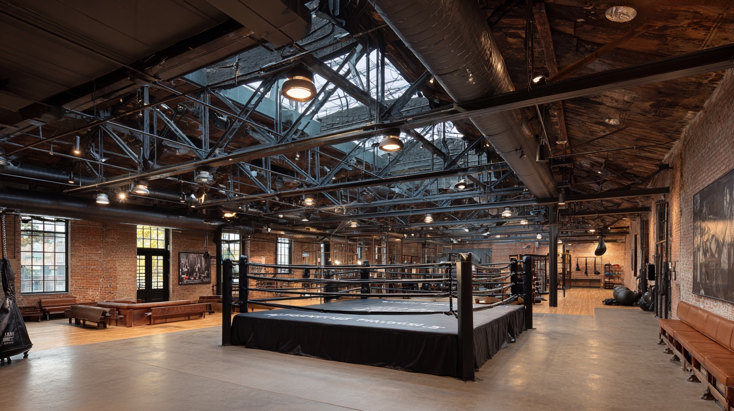 The combat sports studio with a full boxing ring under a steel-trussed brick warehouse roof