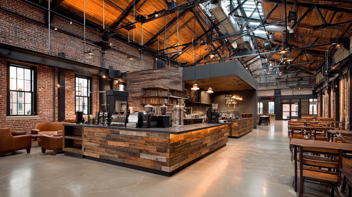 The café and community space with a reclaimed-wood bar and seating in a brick warehouse