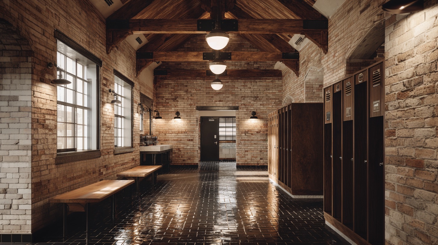 The locker room and recovery suite with brick walls, lockers, and benches